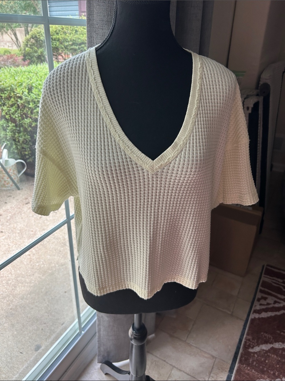 aerie Cream Waffle Knit V-Neck Crop Top